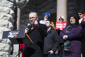 Sen. Chuck Schumer spoke outside Syracuse City Hall on Monday during an anti-tax bill rally organized by the liberal “Repeal the Trump Tax” group.